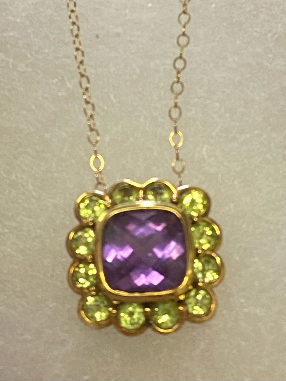 925 Gold Peridot Amethyst Pendant on 16” 585 Yellow Gold Vintage Chain Beautiful - Picture 5 of 12